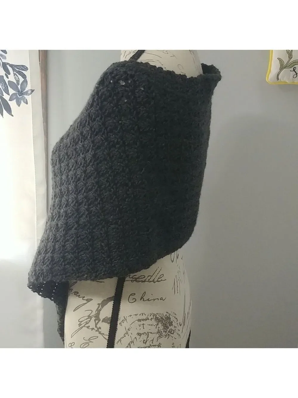 Handmade Crocheted Warm Simple Dark Grey Poncho S/M